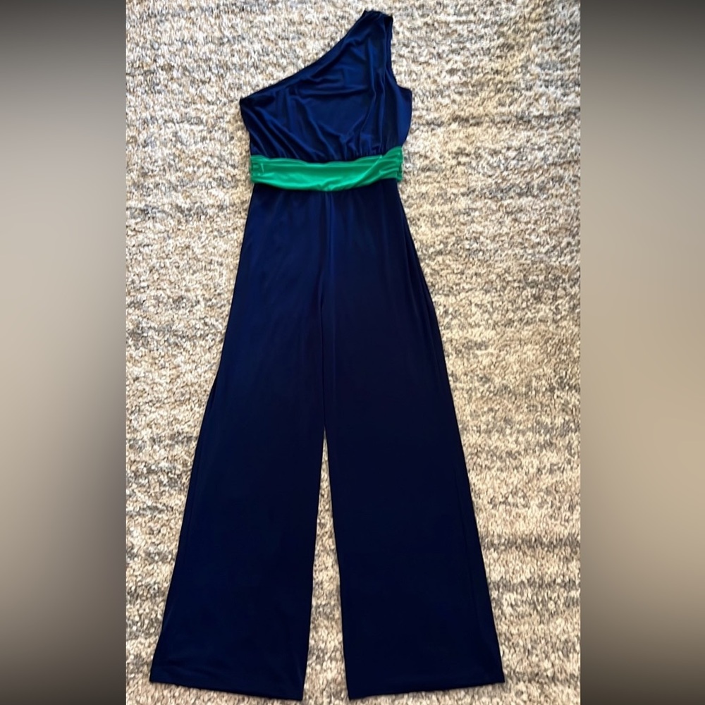 Velvet Torch One shoulder jumpsuit navy green Juniors size L